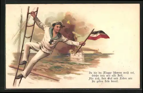 Lithographie junger Matrose mit Reichsfahne in der Hand, Kriegsschiff