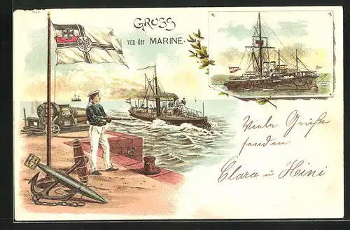 Lithographie Matrose steht mit Gewehr und wartet auf sein Kriegsschiff, Reichskriegsflagge