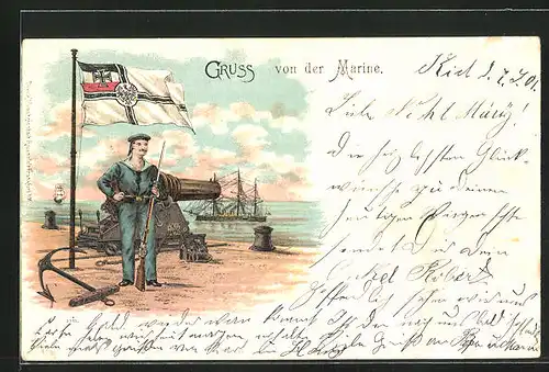 Lithographie Matrose mit Gewehr und Kriegsschiff, Reichsfahne