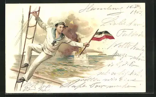 Lithographie Junger Matrose mit Reichsfahne in der Hand, Kriegsschiff