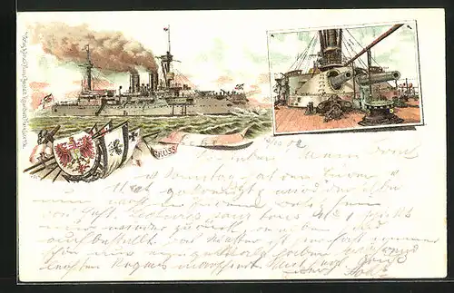 Lithographie Ansicht der Kanonen auf einem Kriegsschiff, Reichsfahne
