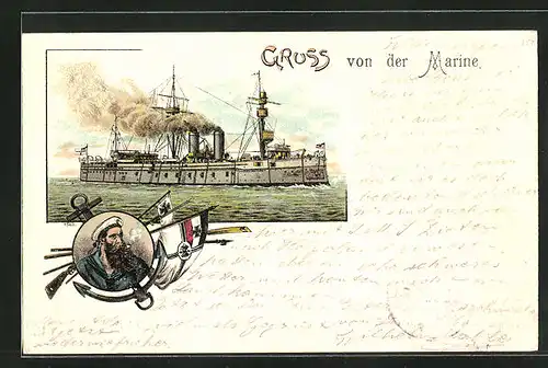Lithographie Kriegsschiff in voller Fahrt, Matrose mit Pfeife, Reichskriegsflagge