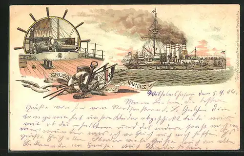 Lithographie Ansicht vom Deck mit Reichsfahne und Kanonen, Kriegsschiff auf hoher See