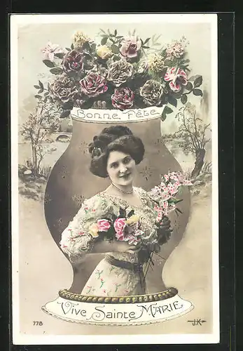 AK Dame mit Rosen, Namenstag