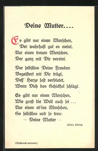 AK Deine Mutter..., Gedicht zum Muttertag