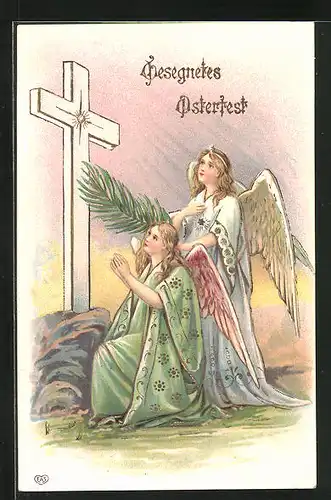 Präge-AK Osterengel mit Palmenwedel vor Kreuz