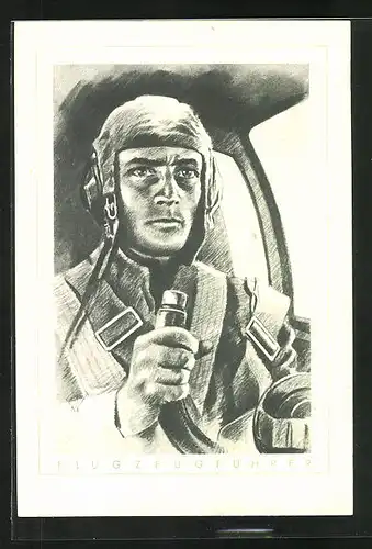 Künstler-AK Flugzeugführer im Cockpit seiner Maschine