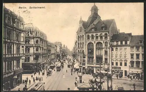 AK Berlin, Spittelmarkt mit Café und Geschäften, Strassenbahn