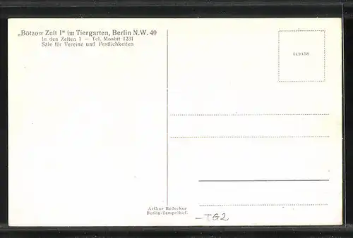 AK Berlin-Tiergarten, Gasthaus Bötzow Zelt 1, In den Zelten 1