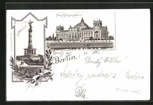 Lithographie Berlin-Tiergarten, Siegessäule, Neues Reichstagsgebäude
