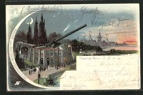 Lithographie Berlin-Treptow, Riesen-Fernrohr bei Nacht