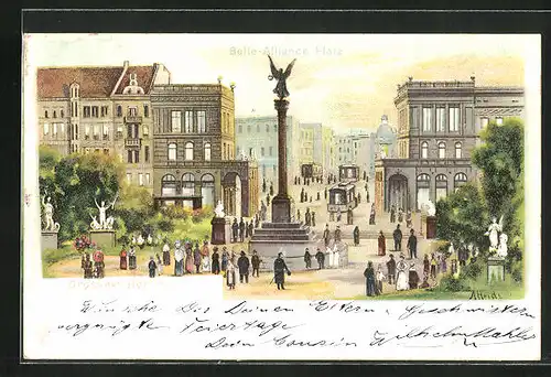 Lithographie Berlin-Kreuzberg, Belle Alliance Platz mit Passanten