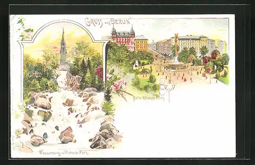 Lithographie Berlin-Kreuzberg, Belle Alliance Platz, Wassersturz im Victoria-Park