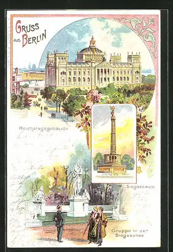Lithographie Berlin-Tiergarten, Reichstagsgebäude, Siegessäule
