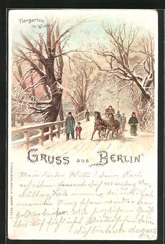 Winter-Lithographie Berlin-Tiergarten, Spaziergänger und Pferdeschlitten im verschneiten Tiergarten