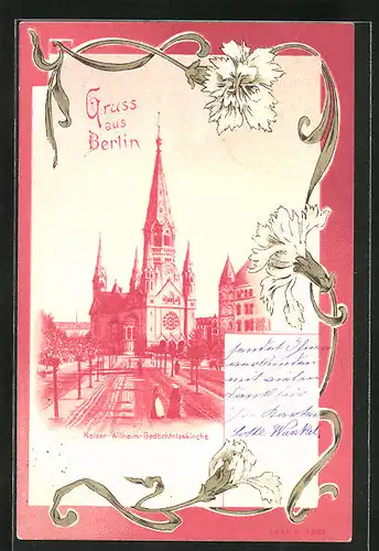 Lithographie Berlin-Charlottenburg, Kaiser-Wilhelm-Gedächtniskirche, weisse Nelken