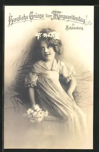 AK Berlin-Schöneberg, Margueritentag, Mädchen mit Blumenkranz im Haar