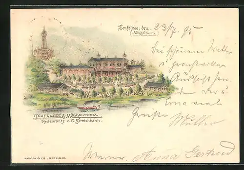 Vorläufer-Lithographie Berlin-Köpenick, 1895, Restaurants von G. Streichhahn am Teufelssee und im Müggelturm