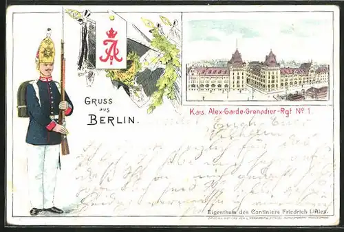 Künstler-AK Berlin, Kais. Alex-Garde-Grenadier-Rgt. Nr. 1, Am Weidendamm