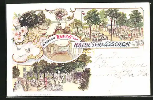 Lithographie Berlin-Tegel, Gasthaus Haideschlösschen in Tegelort