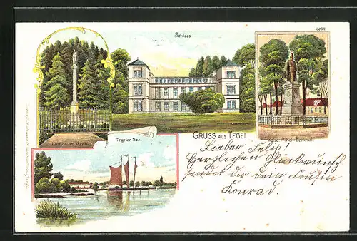 Lithographie Berlin-Tegel, Kaiser Wilhelm Denkmal, Schloss, Tegeler See