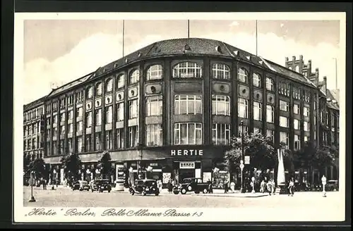 AK Berlin-Kreuzberg, Geschäftshaus Hertie Waren- und Kaufhaus GmbH, Belle-Alliance-Str. 1-3