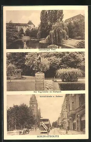 AK Berlin-Steglitz, Lauenburger Platz, Schloss-Strasse mit Rathaus, Vogelsteller im Stadtpark