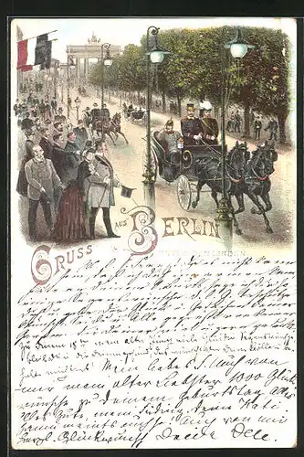 Vorläufer-Lithographie Berlin, 1895, Pferdekutschen und Passanten Strasse Unter den Linden
