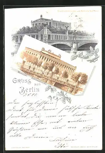 Lithographie Berlin, Friedrichsbrücke und Nationalgalerie, Museum und Schlossbrücke