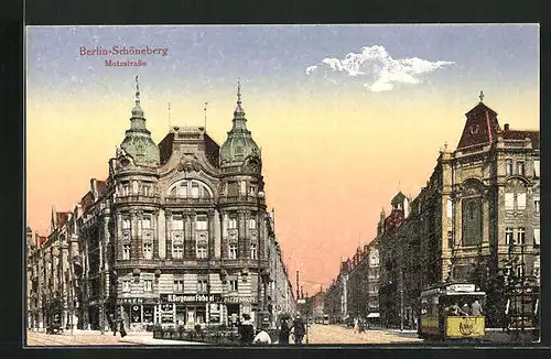 AK Berlin-Schöneberg, Motzstrasse mit Färberei von H. Bergmann und Strassenbahn