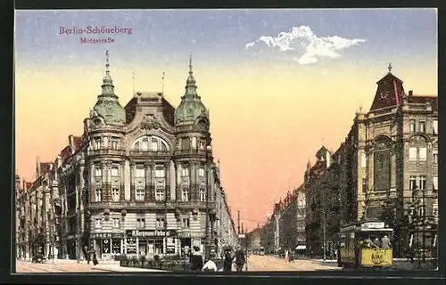 AK Berlin-Schöneberg, Motzstrasse mit Färberei von H. Bergmann und Strassenbahn