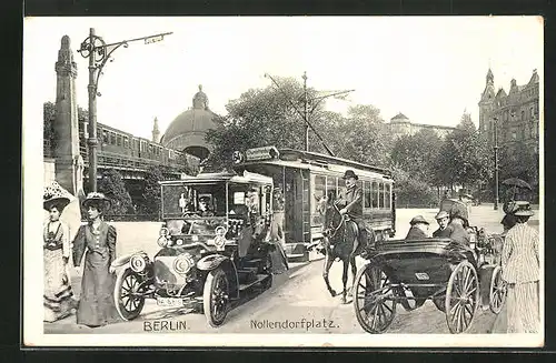 AK Berlin-Schöneberg, Berliner Leben am Nollendorfplatz mit Strassenbahn, Auto und Reiter