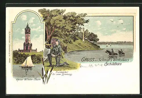 Lithographie Berlin-Grunewald, Schmidt's Wirthshaus Schild, Kaiser Wilhelm-Turm, Jaczow im Dankgebet für seine Errettung