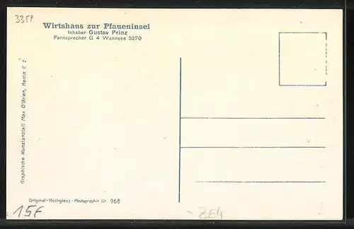 AK Berlin-Wannsee, Gasthaus zur Pfaueninsel, Inh. Gustav Prinz