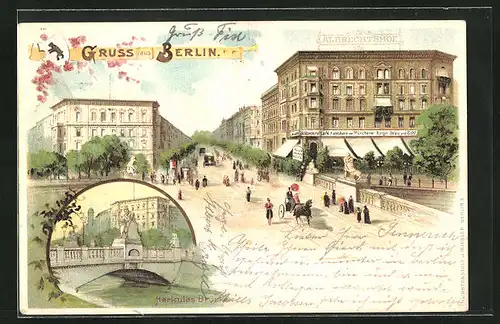 Lithographie Berlin-Tiergarten, Lützowplatz mit Hotel Albrechtshof, Herkules Brücke