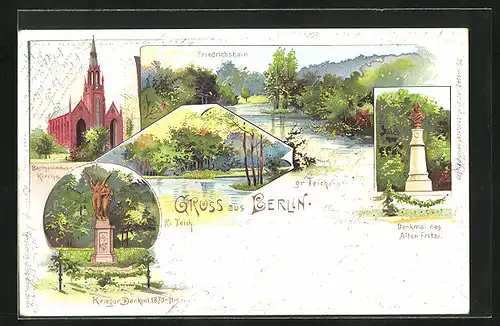 Lithographie Berlin-Friedrichshain, Denkmal des Alten Fritz, Weiheridylle, Kriegerdenkmal