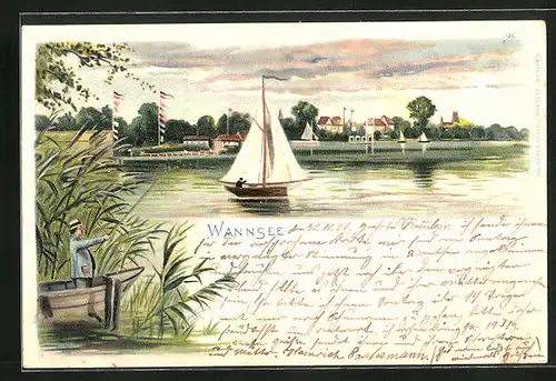 Lithographie Berlin-Wannsee, Seeblick mit Segelboot