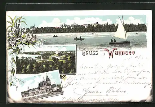 Lithographie Berlin-Wannsee, Segelboote auf dem Wannsee, Blick v. Alsen-Denkmal, Bahnhof