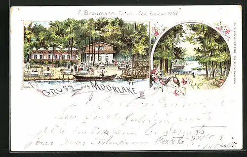 Lithographie Berlin-Wannsee, Moorlake, Restaurant mit Sommergarten