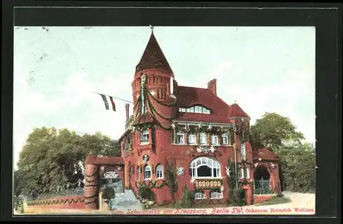 AK Berlin-Kreuzberg, Restaurant zum Schultheiss, Schmückung mit Fahne