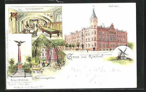 Lithographie Berlin-Neukölln, Rathaus, Windmühle, Kriegerdenkmal