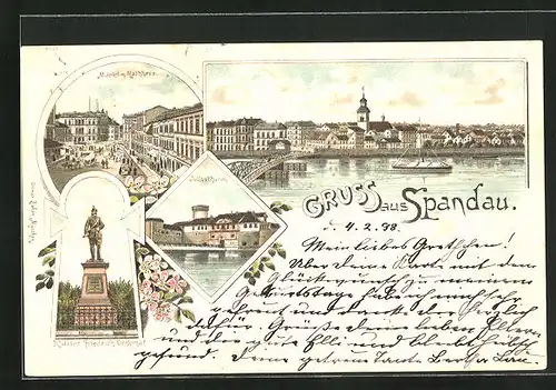 Lithographie Berlin-Spandau, Kaiser Friedrich-Denkmal, Juliusthurm, Markt mit Rathaus