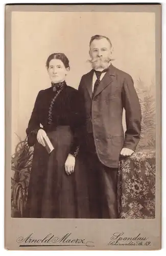 Fotografie Arnold Maerz, Spandau, Schönwalder Str. 89, Portrait Mann und Frau im Anzug mit Vollbart und Biedermeierkleid