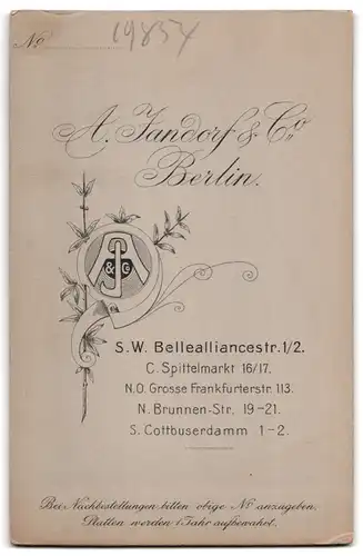 Fotografie A. Jandorf & Co., Berlin, Bellealliancestr. 1 /2, Portrait rundliche Frau im Biedermeierkleid mit Brosche