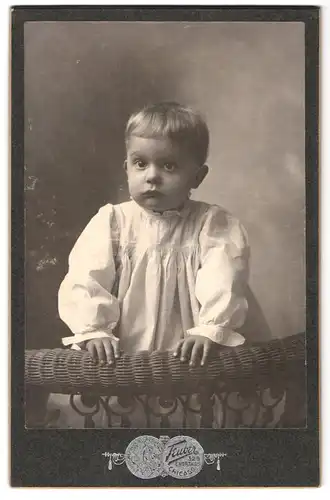 Fotografie Teuber, Chicago, E. North Av. 326, Portrait kleiner blonder Junge im weissen Kleid