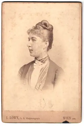 Fotografie J. Lowy, Wien, Weihburggasse 31, Portrait junge Frau im Kleid mit Hochsteckfrisur