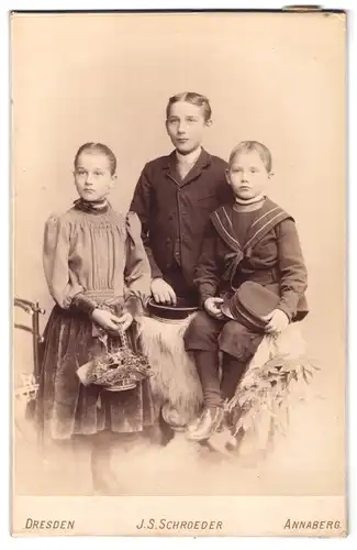 Fotografie J.S. Schroeder, Dresden, Reissiger-Strasse 46, Portrait von drei Kindern in Sonntagskleidung
