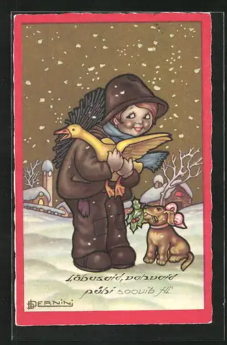 Künstler-AK sign. Bernini: Kind mit goldener Gans im Schnee