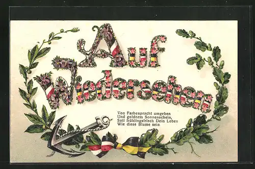 AK Auf Wiedersehen, Veilchenblüten und Mistelzweig mit Anker