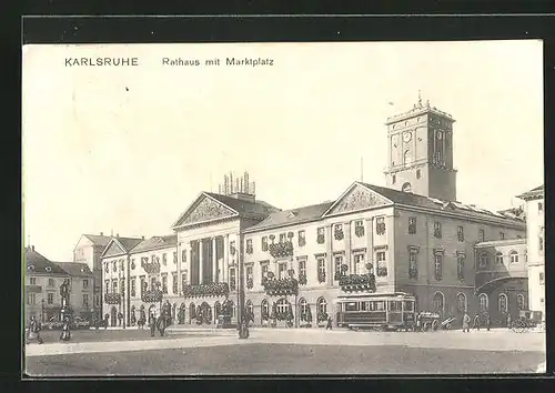 AK Karlsruhe, Rathaus mit Marktplatz, Strassenbahn